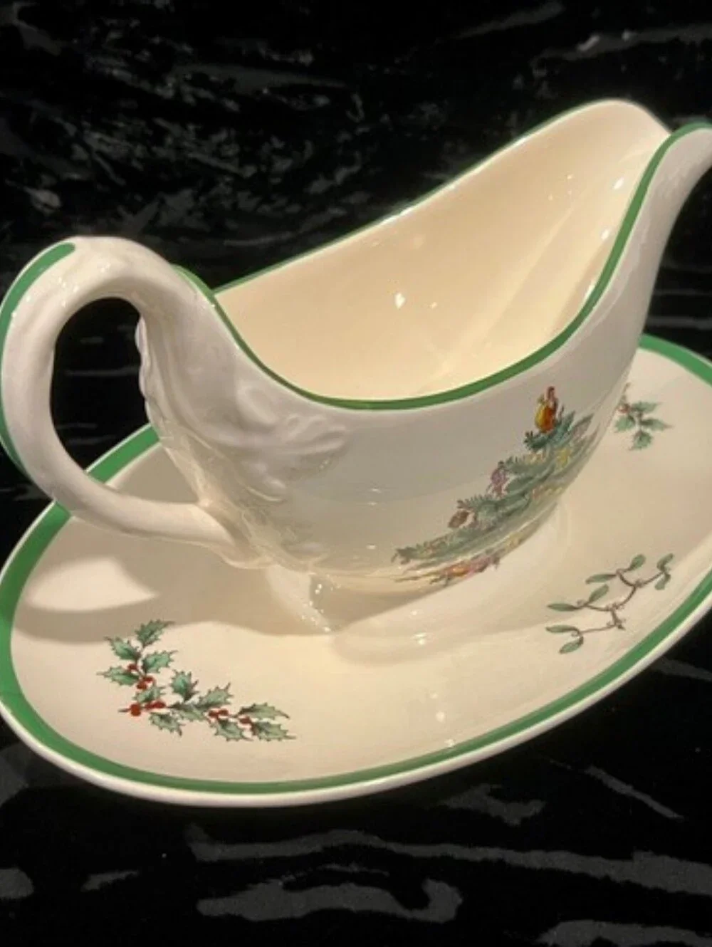 Vintage 1976 Spode Christmas Tree Gravy Boat Attached Stand Made In England EUC